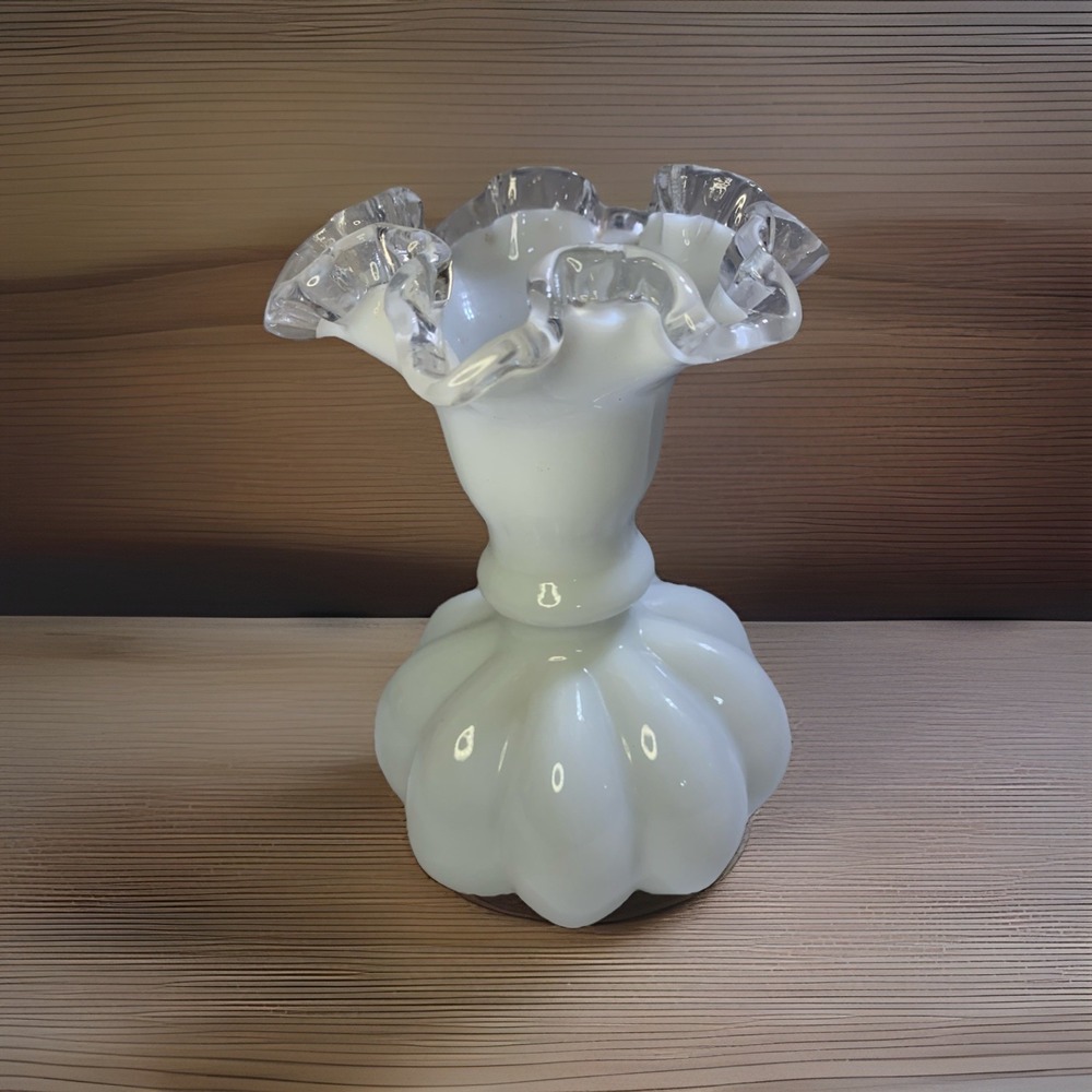 Vintage FENTON Melon Vase Silver Crest Crimped Ruffled Top White Milk Glass